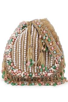 Dangle Beige, White & Multi Striped Embellished Velvet Potli