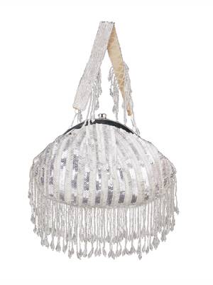 Anekaant Pochette Silver Striped Embellished Faux Silk Clutch 1