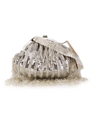 Anekaant Pochette Silver Striped Embellished Faux Silk Clutch 2