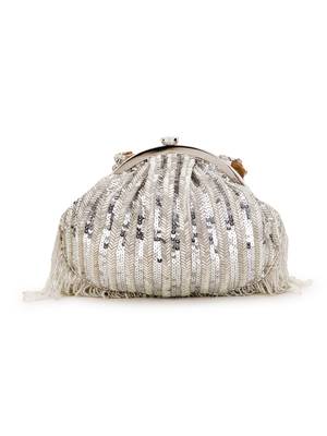 Anekaant Pochette Silver Striped Embellished Faux Silk Clutch 3