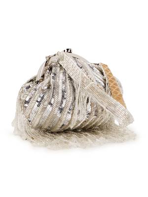 Anekaant Pochette Silver Striped Embellished Faux Silk Clutch 5