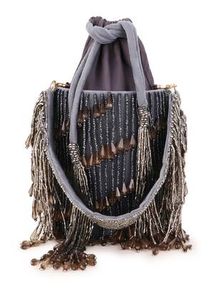 Dangle Grey & Charcoal Striped Embellished Velvet Potli 5