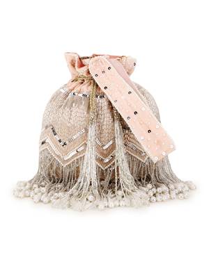 Dangle Peach & Silver Chevron Embellished Velvet Potli 1