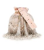 Dangle Peach & Silver Chevron Embellished Velvet Potli