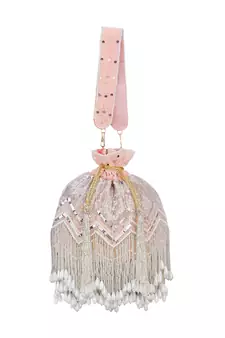 Dangle Peach & Silver Chevron Embellished Velvet Potli