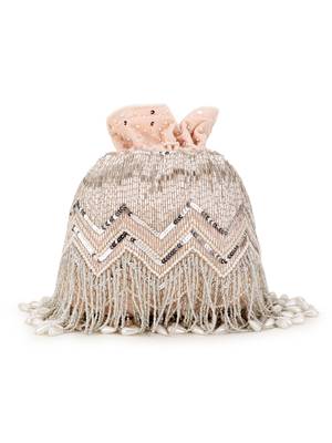 Dangle Peach & Silver Chevron Embellished Velvet Potli 3