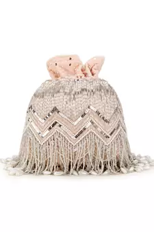 Dangle Peach & Silver Chevron Embellished Velvet Potli