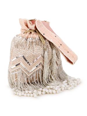 Dangle Peach & Silver Chevron Embellished Velvet Potli 5