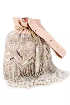 Dangle Peach & Silver Chevron Embellished Velvet Potli