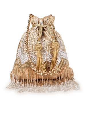 Anekaant Dangle Beige & Gold Chevron Embellished Faux Silk Potli 1