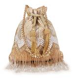 Anekaant Dangle Beige & Gold Chevron Embellished Faux Silk Potli