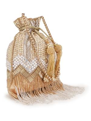 Anekaant Dangle Beige & Gold Chevron Embellished Faux Silk Potli 2