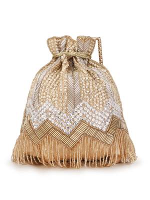 Anekaant Dangle Beige & Gold Chevron Embellished Faux Silk Potli 3