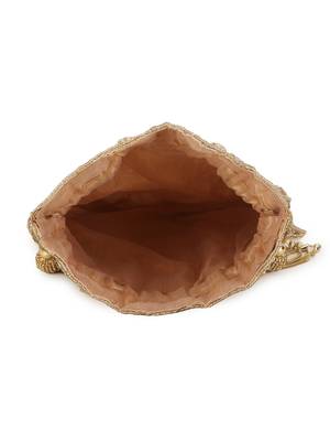 Anekaant Dangle Beige & Gold Chevron Embellished Faux Silk Potli 4