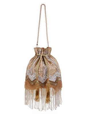 Anekaant Dangle Beige & Gold Chevron Embellished Faux Silk Potli 5