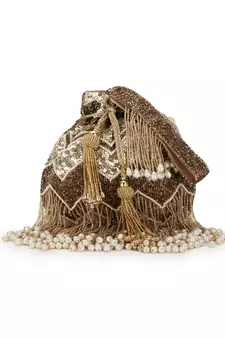 Dangle Gold & Copper Chevron Embellished Faux Silk Potli