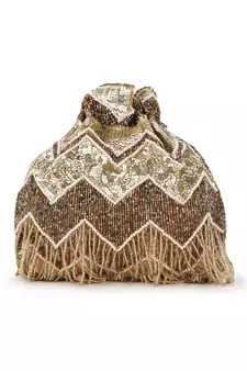 Dangle Gold & Copper Chevron Embellished Faux Silk Potli