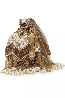 Dangle Gold & Copper Chevron Embellished Faux Silk Potli