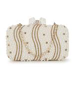 Anekaant Adorn White & Gold Beaded Faux Silk Clutch
