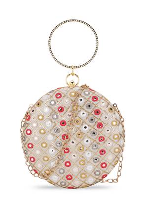 Gala Cream & Multi Mirror Work Embellished Faux Silk Clutch 1
