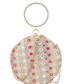 Gala Cream & Multi Mirror Work Embellished Faux Silk Clutch