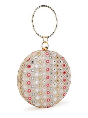Gala Cream & Multi Mirror Work Embellished Faux Silk Clutch 2