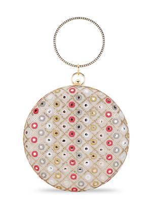 Gala Cream & Multi Mirror Work Embellished Faux Silk Clutch 3