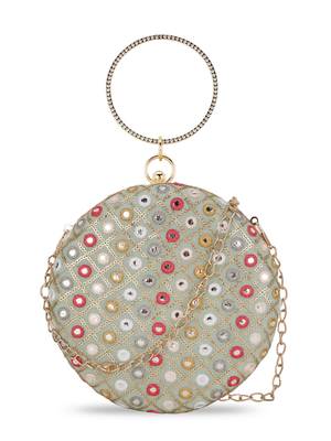 Gala Pastel Green & Multi Mirror Work Embellished Faux Silk Clutch 1