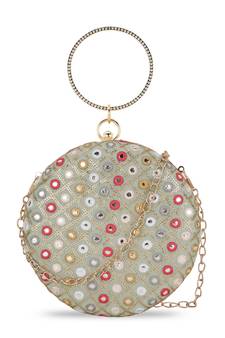 Gala Pastel Green & Multi Mirror Work Embellished Faux Silk Clutch