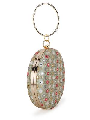 Gala Pastel Green & Multi Mirror Work Embellished Faux Silk Clutch 2