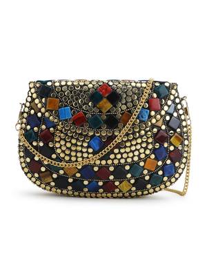 Mosaic Gold & Multi Mosaic Embellished Metal Clutch 1