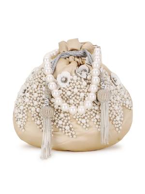 Dangle Cream & White Floral Embellished Satin Potli 1