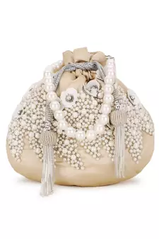 Dangle Cream & White Floral Embellished Satin Potli