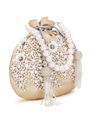Dangle Cream & White Floral Embellished Satin Potli 2