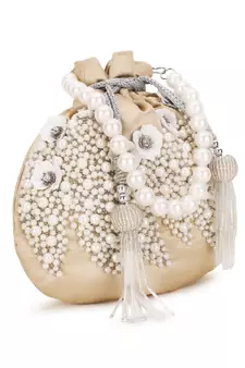 Dangle Cream & White Floral Embellished Satin Potli
