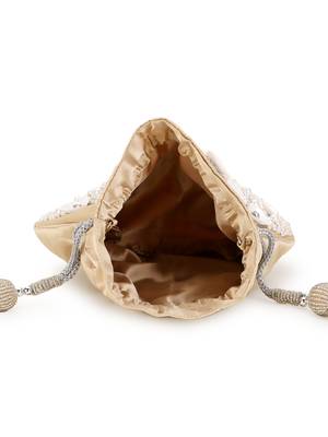 Dangle Cream & White Floral Embellished Satin Potli 4