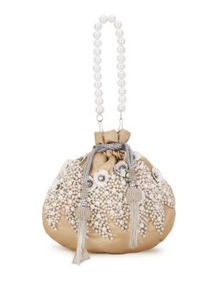 Dangle Cream & White Floral Embellished Satin Potli 5