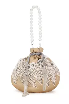 Dangle Cream & White Floral Embellished Satin Potli