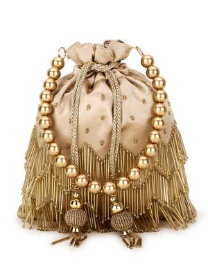 Dangle Champagne & White Chevron Embellished Satin Potli 1