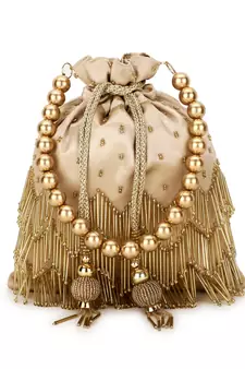Dangle Champagne & White Chevron Embellished Satin Potli