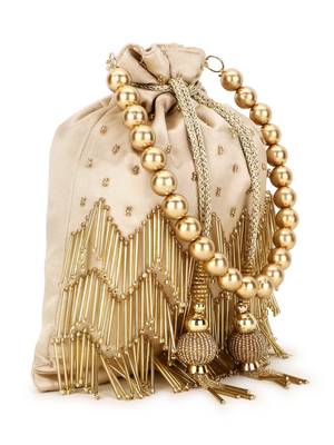 Dangle Champagne & White Chevron Embellished Satin Potli 2