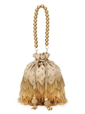 Dangle Champagne & White Chevron Embellished Satin Potli 5