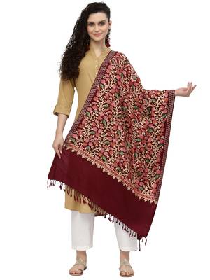 Lush Maroon & Multi Floral Embroidered Wool Shawl 1