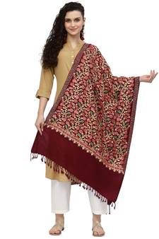Lush Maroon & Multi Floral Embroidered Wool Shawl