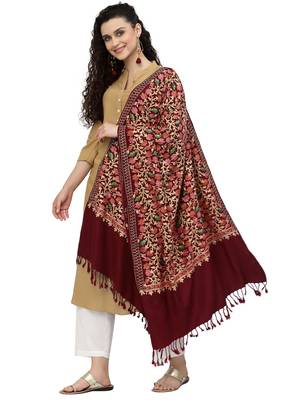 Lush Maroon & Multi Floral Embroidered Wool Shawl 2