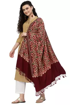 Lush Maroon & Multi Floral Embroidered Wool Shawl