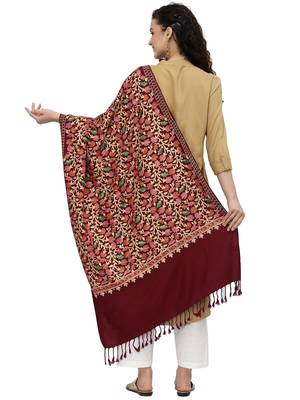 Lush Maroon & Multi Floral Embroidered Wool Shawl 3