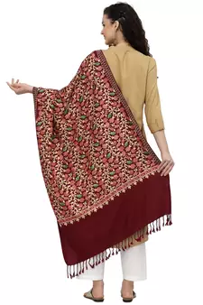 Lush Maroon & Multi Floral Embroidered Wool Shawl