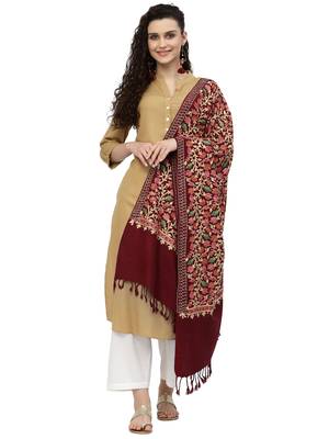 Lush Maroon & Multi Floral Embroidered Wool Shawl 4