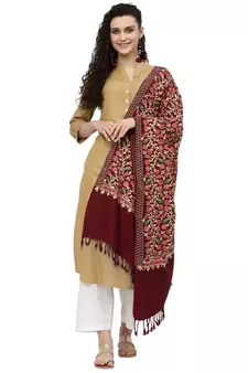 Lush Maroon & Multi Floral Embroidered Wool Shawl